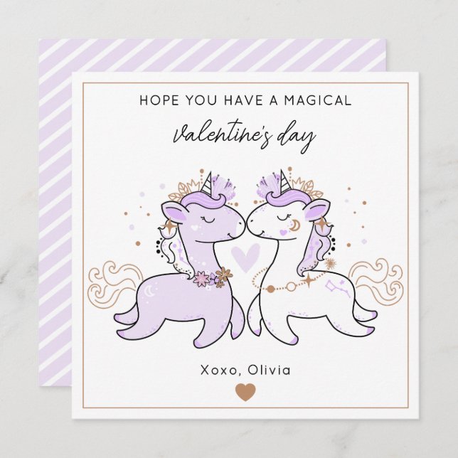 Tarjeta Pequeña Cute Purple Magical Unicorn Kids Valentine's Day  (Anverso / Reverso)
