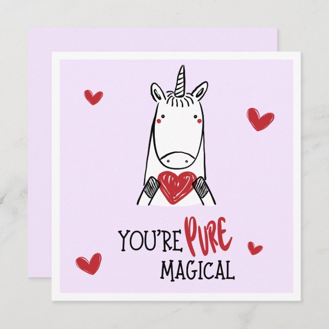 Tarjeta Pequeña Cute Purple Red Hearts Unicorn Kids Valentines Day (Anverso / Reverso)