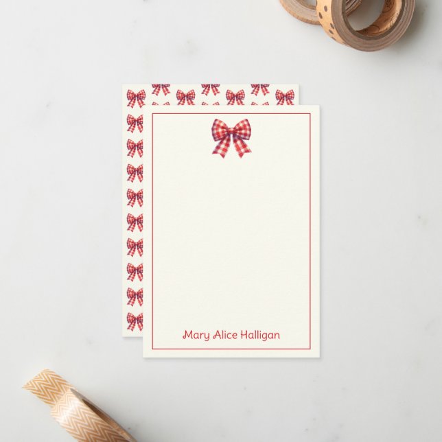 Tarjeta Pequeña Cute Red and Cream Gingham Bow (Anverso/Reverso In Situ)