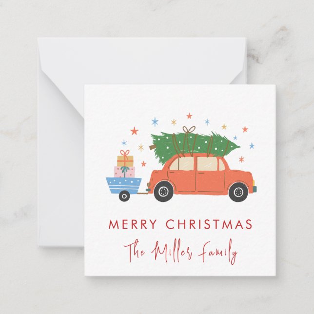 Tarjeta Pequeña Cute Retro Car with Christmas tree Holiday  (Anverso)