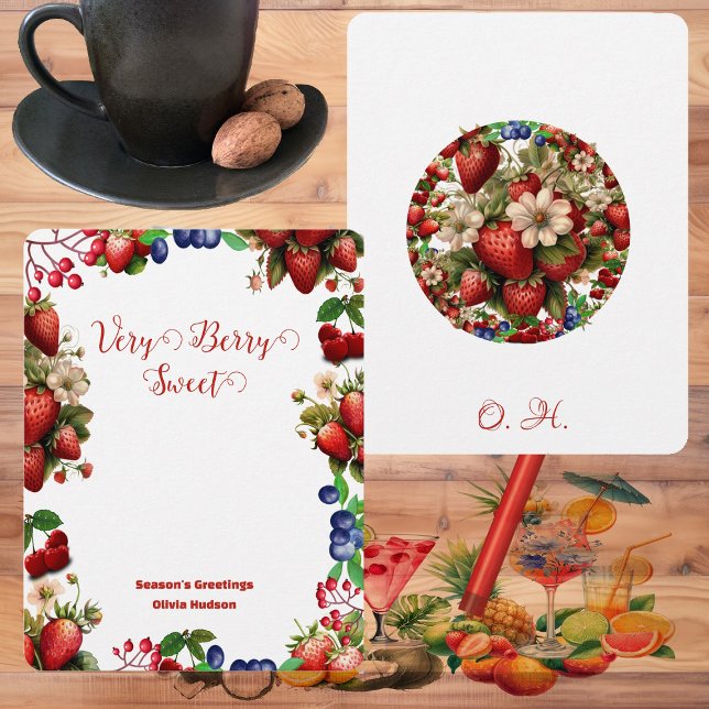 Tarjeta Pequeña Cute Rojo Fresa Azul Berry Dulce Guión Moderno (Cute Red Strawberry Blue Berry Sweet Modern Script Note Card)