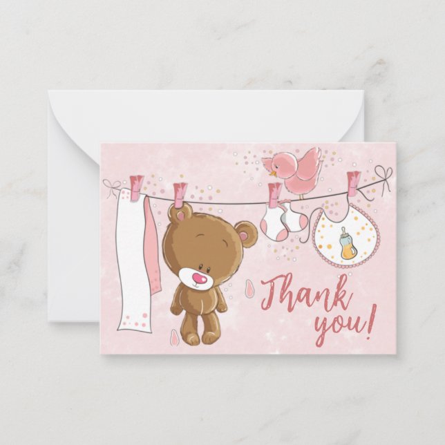 Tarjeta Pequeña Cute Rosa Teddy Bear Baby Shower Gracias (Anverso)
