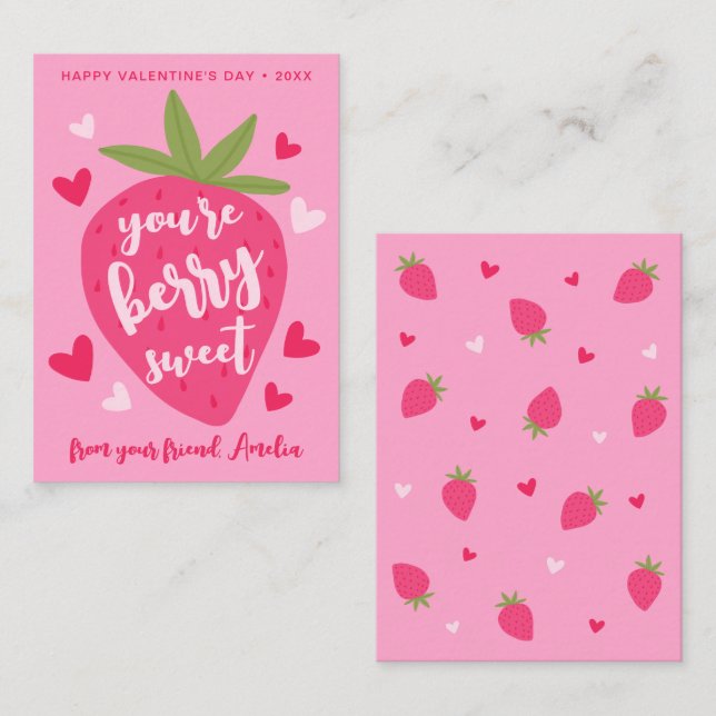 Tarjeta Pequeña Cute Strawberry Sweet Berries Hearts Valentines (Anverso / Reverso)