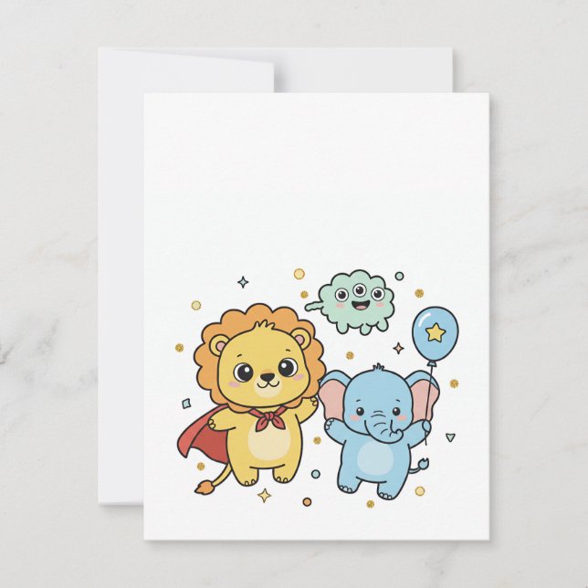 Tarjeta Pequeña Cute Superhero Lion and Elephant Friends Cartoon (Anverso)