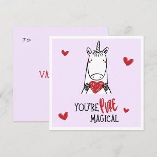 Tarjeta Pequeña Cute Unicornio Corazones Rojo Morado Día de San Va