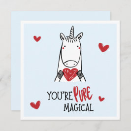 Tarjeta Pequeña Cute Unicornio Corazones Rojos Azules Día de San V