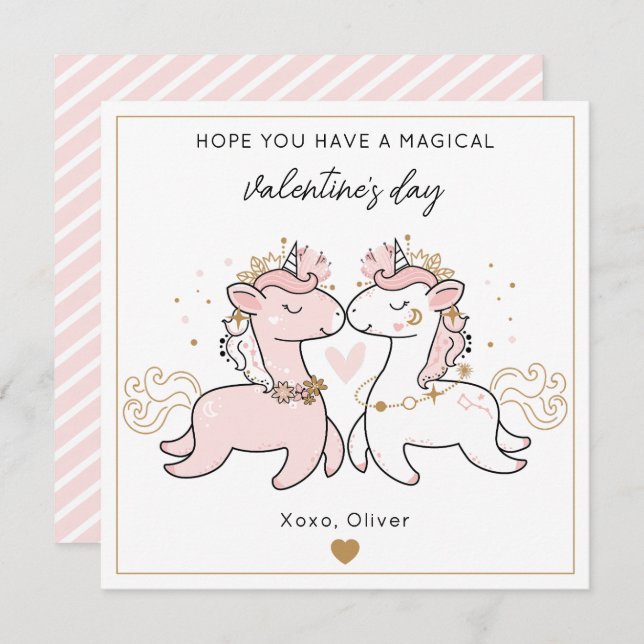 Tarjeta Pequeña Cute Unicornio Mágico Rosa Día de San Valentín par (Anverso / Reverso)