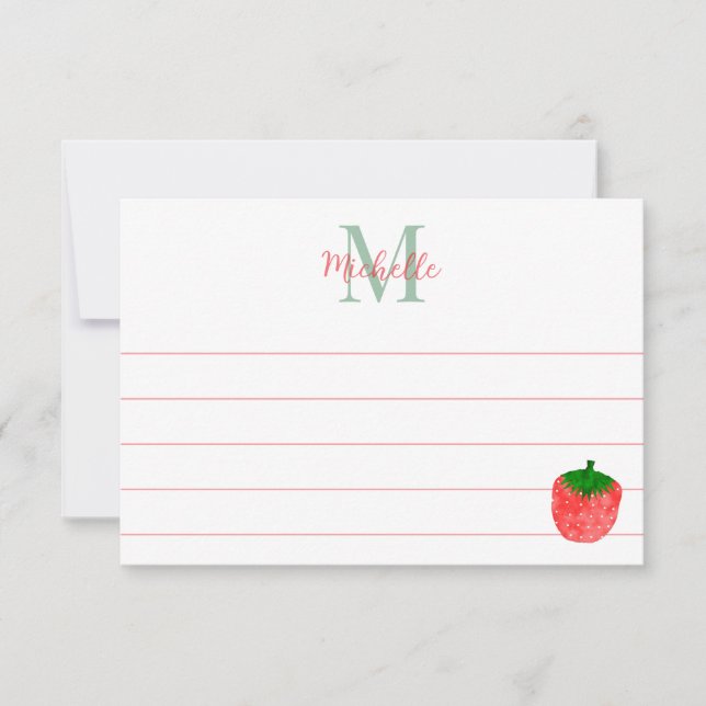 Tarjeta Pequeña Cute Watercolor Strawberry Custom Lined Monogram (Anverso)