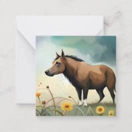 Tarjeta Pequeña Cuto pony marrón en el campo floral