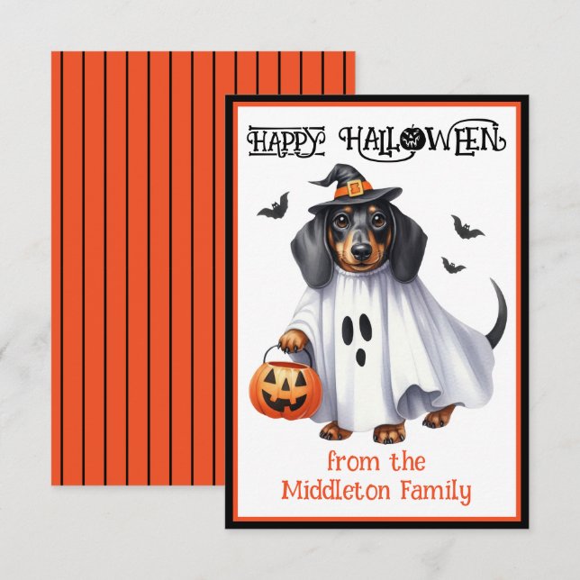 Tarjeta Pequeña Dachshund Cuppy Dog Feliz Halloween (Anverso / Reverso)