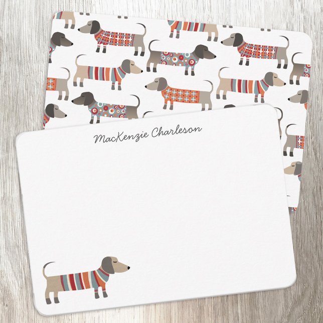 Tarjeta Pequeña Dachshund Sausage Dog Personalizado Stationery (Dachshund Wiener Sausage Dog personalized modern script custom name note card)