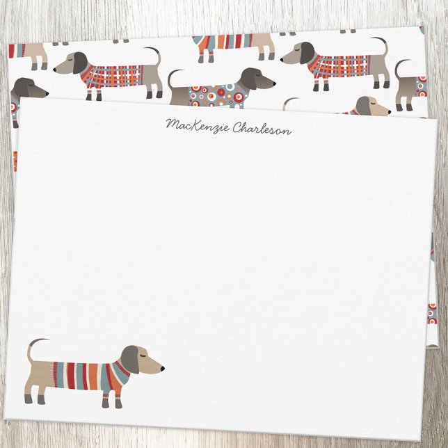 Tarjeta Pequeña Dachshund Sausage Dog Personalizado Stationery (Dachshund Wiener Sausage Dog personalized script name note card)