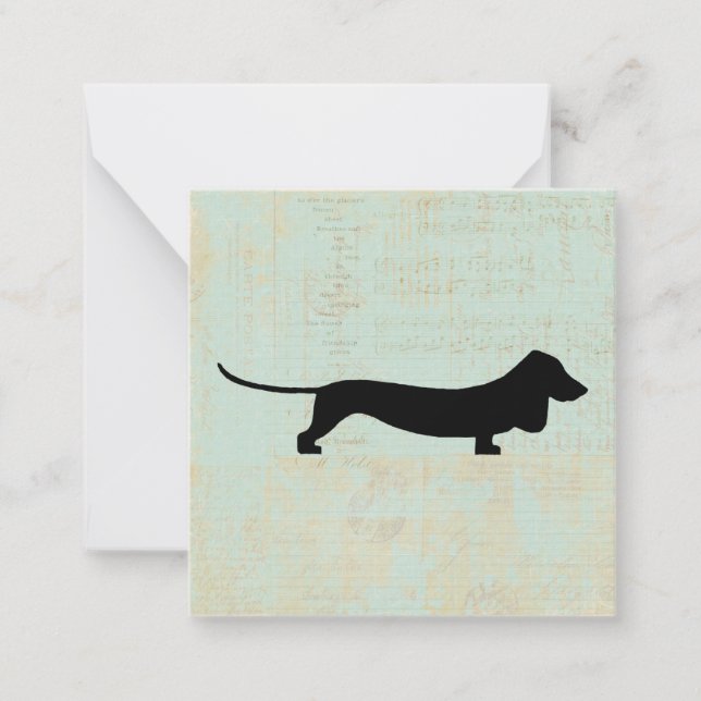 Tarjeta Pequeña Dachshund Wiener Dog Silhouette sobre música Verde (Anverso)