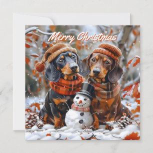 Tarjeta Pequeña Dachshunds con Navidades de Snowman