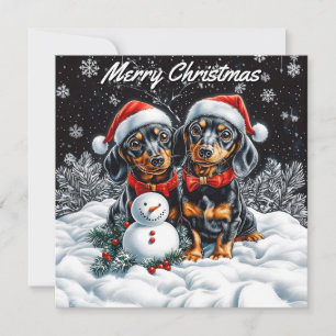 Tarjeta Pequeña Dachshunds y Navidades de Snowman