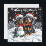 Tarjeta Pequeña Dachshunds y Snowman Pack de Navidades planos<br><div class="desc">Envíe alegres saludos de vacaciones con esta encantadora tarjeta de Navidades de Dachshund con dos adorables Dachshunds vestidos con festividades de Santa sombrero y corbatas de arco rojo. Los dos Dachshunds se sientan en un hermoso promontorio invernal, acompañados por un animado muñeco de nieve, con copos de nieve cayendo suavemente...</div>