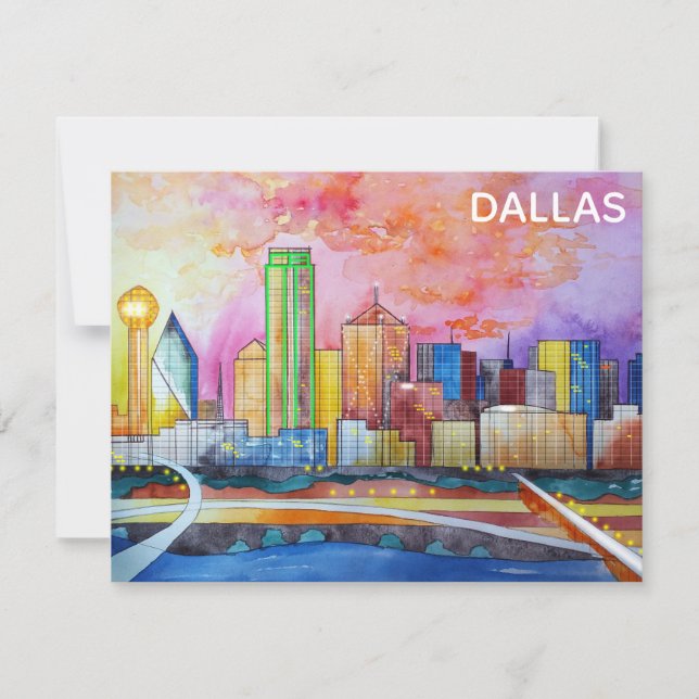 Tarjeta Pequeña Dallas Texas Watercolor City Skyline (Anverso)