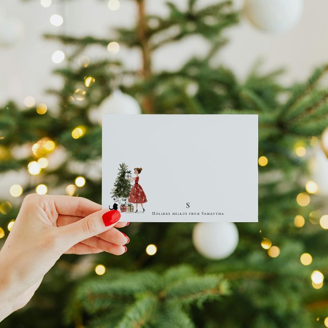 Tarjeta Pequeña Dama Navideña Vintage con Gato Personalizada (Subido por el creador)
