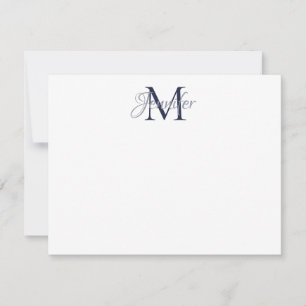 Tarjeta Pequeña Damasco Decorativo Azul Medianoche y Gris Monogram