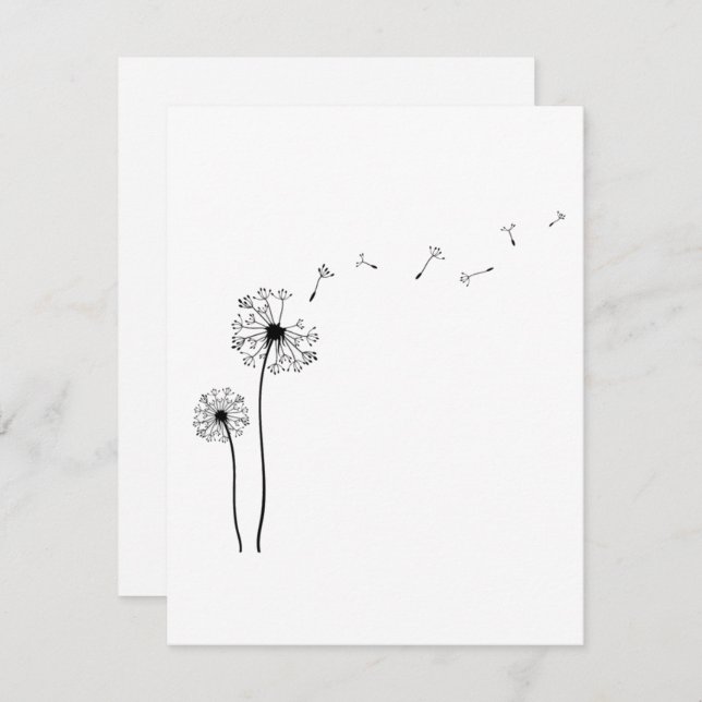 Tarjeta Pequeña Dandelion blanco y negro sopla en el viento (Anverso / Reverso)