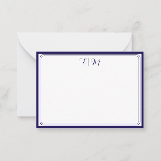 Tarjeta Pequeña  Dark Blue three Border Monogram Note Card (Anverso)
