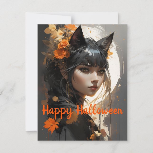 Tarjeta Pequeña Deseos de Cat Chica Halloween (Anverso)