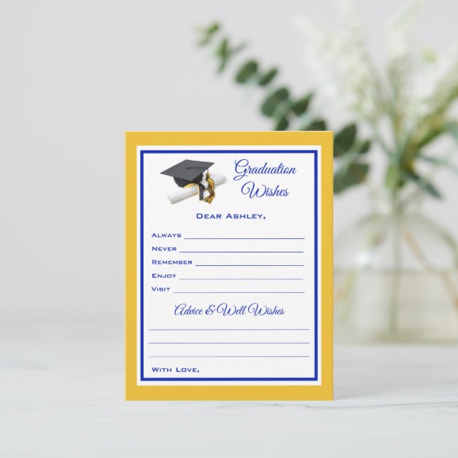 Tarjeta Pequeña Deseos y consejos para graduados | Azul y amarillo (Anverso de pie)