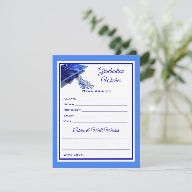 Tarjeta Pequeña Deseos y consejos para graduados | Azul y blanco (Anverso de pie)