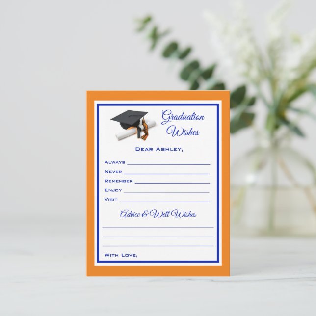 Tarjeta Pequeña Deseos y consejos para graduados | Azul y Naranja (Anverso de pie)