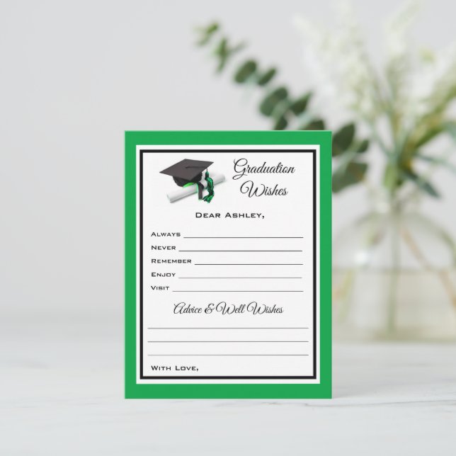 Tarjeta Pequeña Deseos y consejos para graduados | Negro y Verde (Anverso de pie)