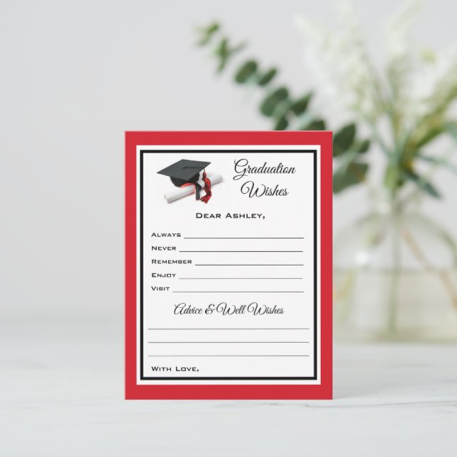 Tarjeta Pequeña Deseos y consejos para graduados | Rojo negro (Anverso de pie)