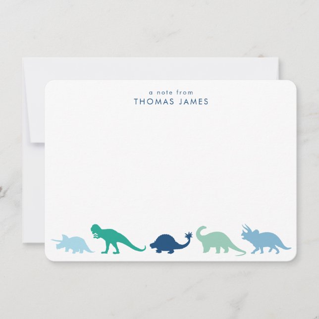 Tarjeta Pequeña Desfile de dinosaurios, Verde azulado y azul perso (Anverso)