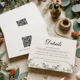Tarjeta Pequeña Detalles de boda con hojas de eucalipto Boho y cód