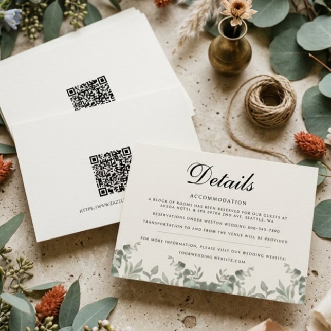 Tarjeta Pequeña Detalles de boda con hojas de eucalipto Boho y cód (Subido por el creador)