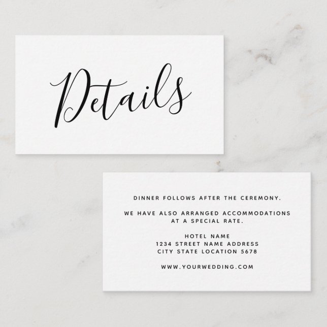 Tarjeta Pequeña Detalles del Boda de script simple de PRESUPUESTO (Anverso / Reverso)