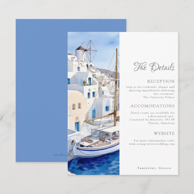 Tarjeta Pequeña Detalles del Boda Santorini azul y blanco (Anverso / Reverso)