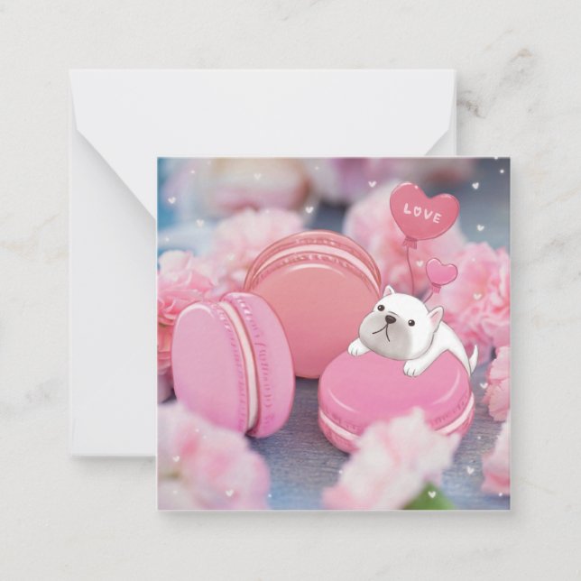 Tarjeta Pequeña Día de San Valentín: Bulldog Francés, Macarons y F (Anverso)