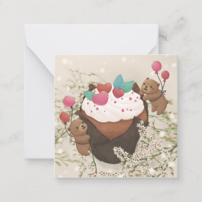 Tarjeta Pequeña Día de San Valentín: Cupcake y ositos de peluche (Anverso)