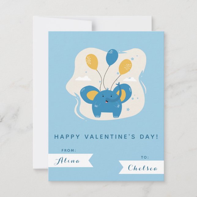 Tarjeta Pequeña Día de San Valentín Cute Blue Elephant & Balloons  (Anverso)