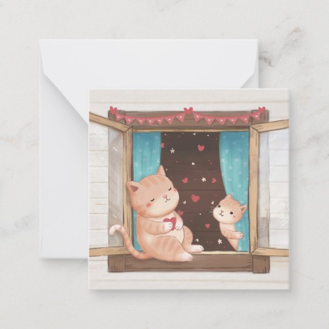 Tarjeta Pequeña Día de San Valentín: Ilustración de Gatos y Corazo (Anverso)