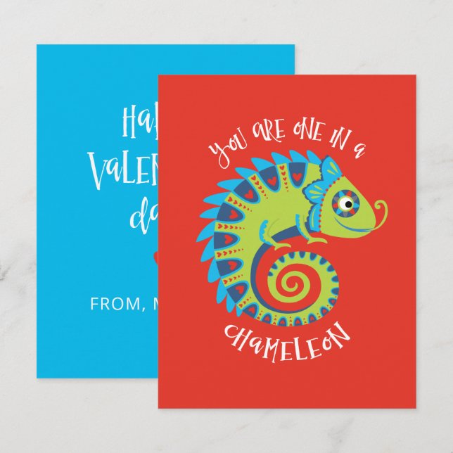 Tarjeta Pequeña Día de San Valentín para niños de camaleón lindo e (Anverso / Reverso)