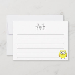 Tarjeta Pequeña Dibujo animado de búho bebé con monograma personal