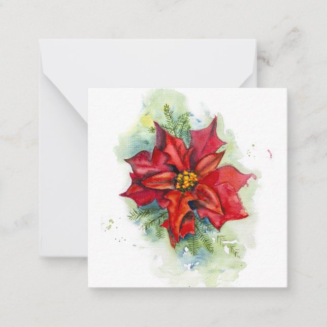 Tarjeta Pequeña Dibujo de acuarela Flor roja de Navidad (Anverso)