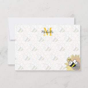Tarjeta Pequeña Dibujo de girasol de abeja melífera con monograma