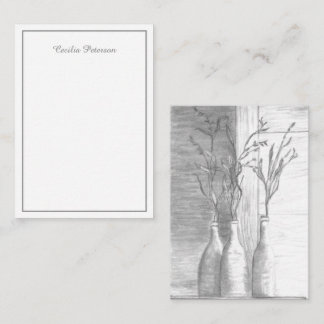 Tarjeta Pequeña Dibujo de lápiz blanco negro floral minimalista