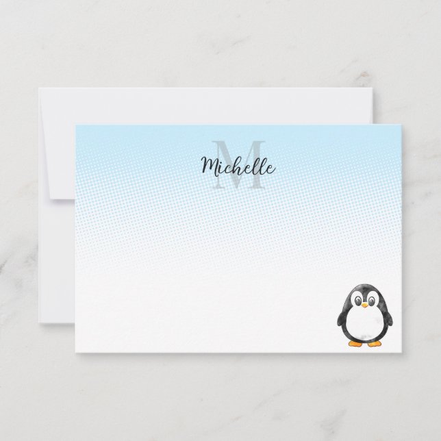 Tarjeta Pequeña Dibujo de pingüino lindo con monograma personaliza (Anverso)