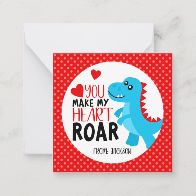 Tarjeta Pequeña Dinosaur Rugido de Corazón Día de San Valentín par (Anverso)