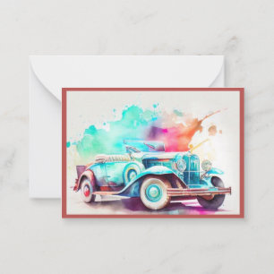 TARJETA PEQUEÑA DISEÑO DE COCHE VINTAGE EN ACUARELA ELEGANTE