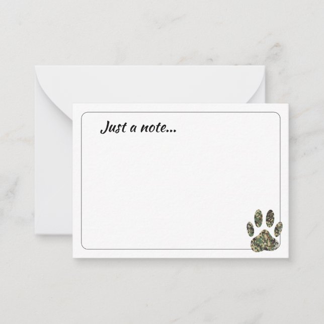 Tarjeta Pequeña Distressed Camo Dog Paw Print Just a Note (Anverso)