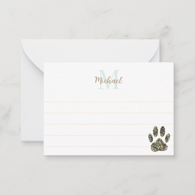 Tarjeta Pequeña Distressed Camo Dog Paw Print Lined Monogram (Anverso)